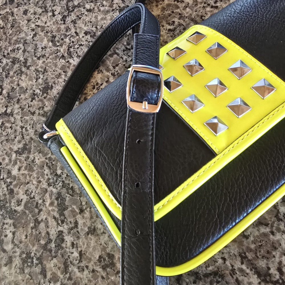 Brand New Sourpuss Neon Yellow, Black Faux Leather Studded Purse Cross Body Bag - Picture 4 of 7
